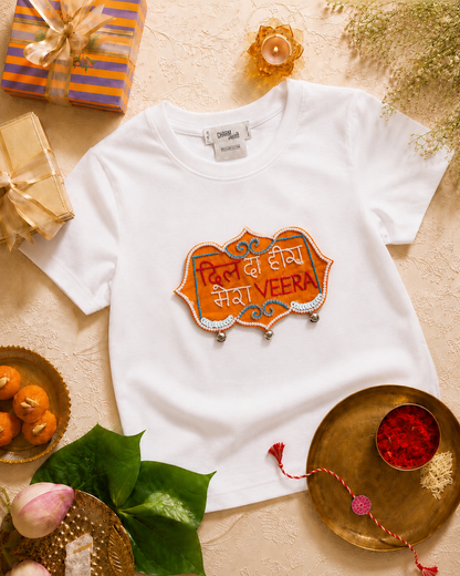 Dil Da Heera Mera Veera Embroidered oversized T Shirt White