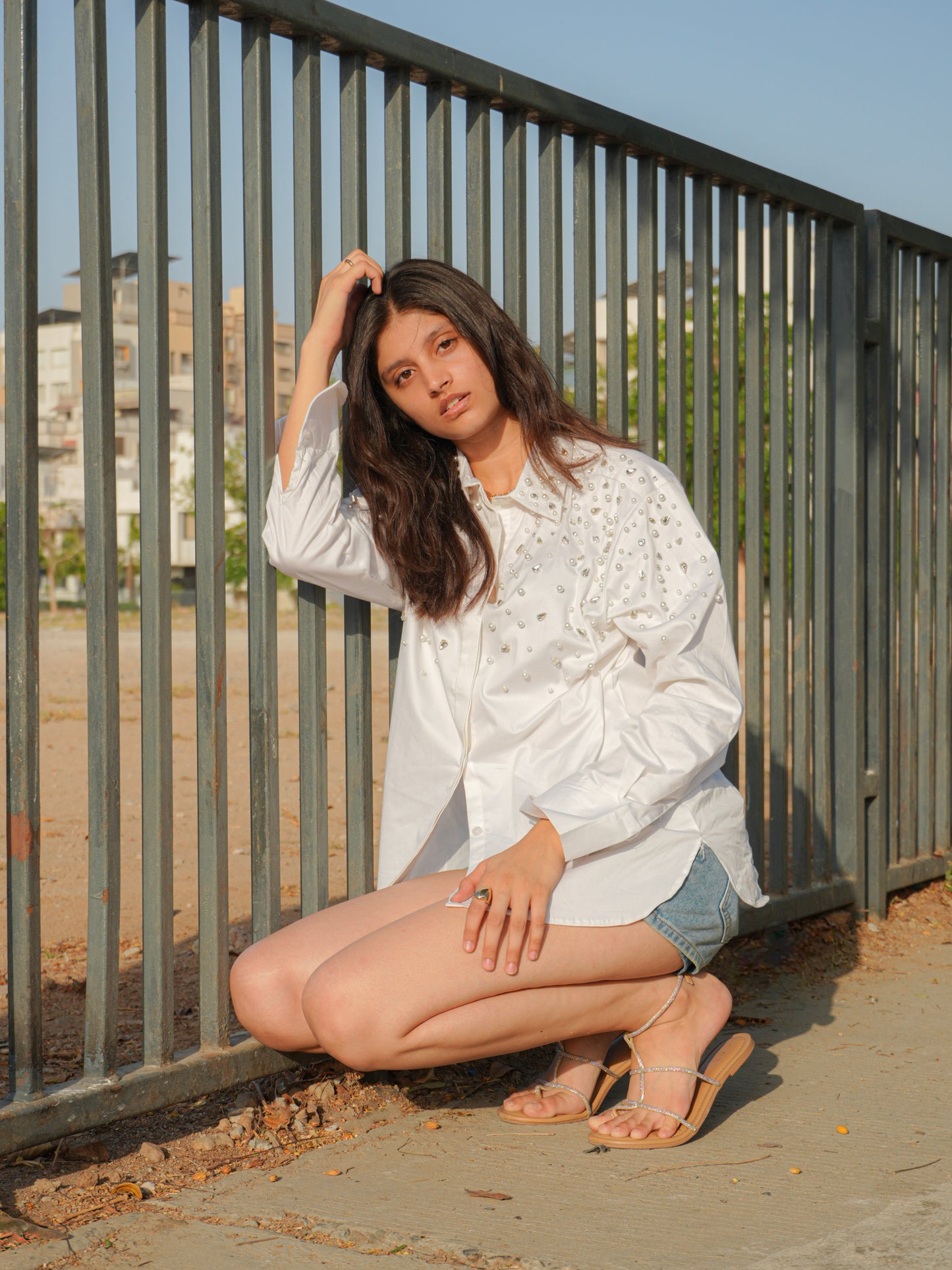 Noor Drip Embellished Handcrafted Oversized Shirt White