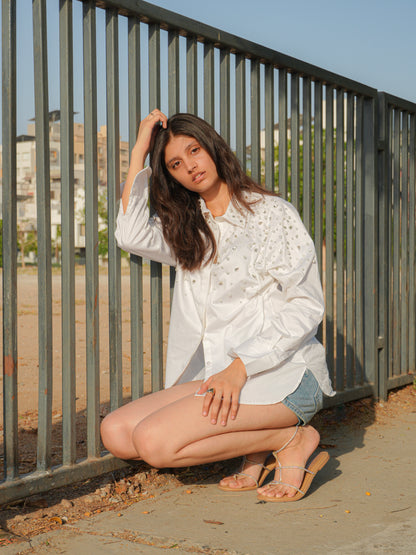 Noor Drip Embellished Handcrafted Oversized Shirt White