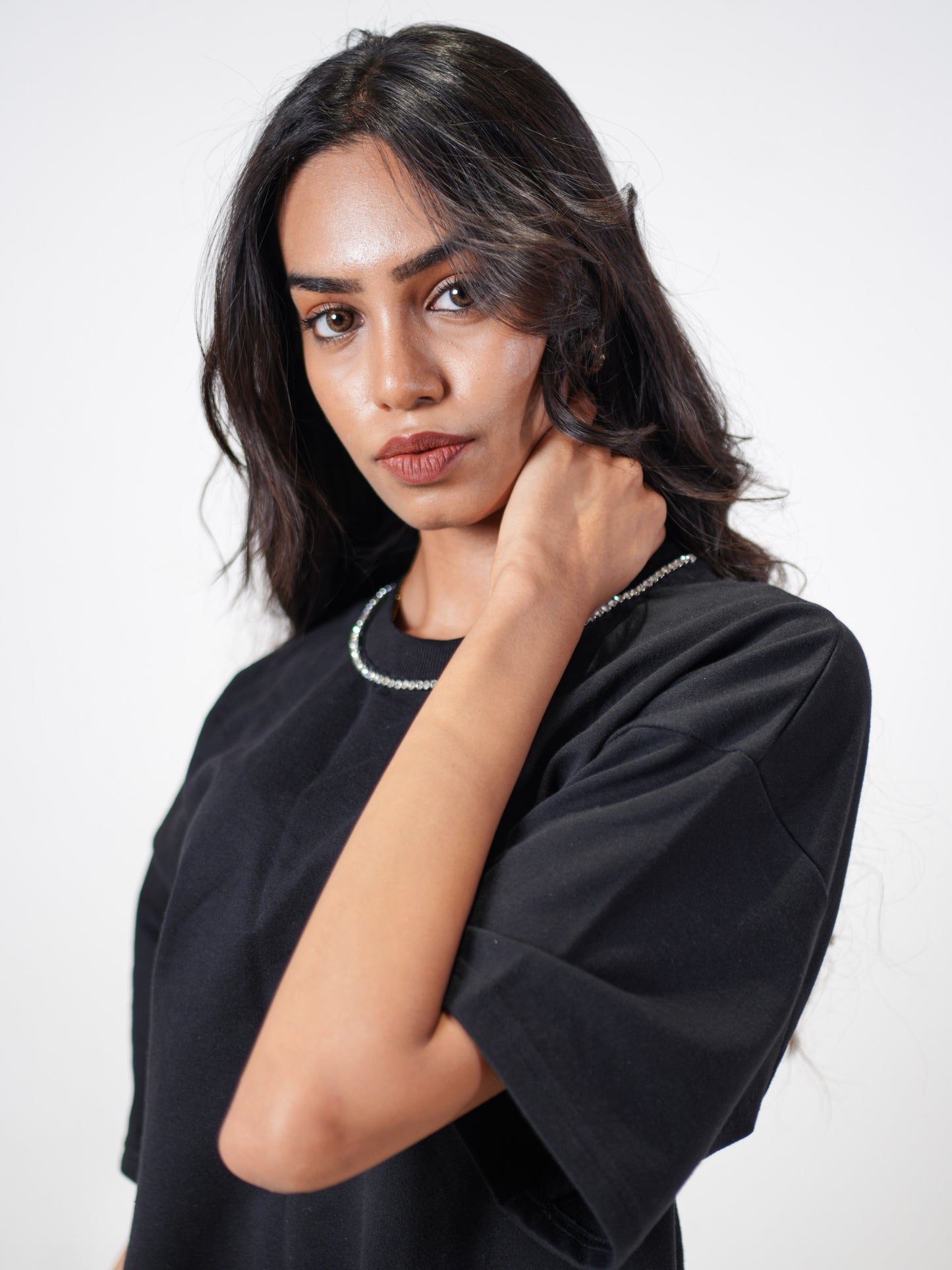 Crystal Bow Embellished Handcrafted Oversized Tshirt Dress Black