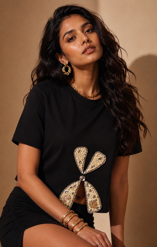 Bow Aura Handcrafted Embellished Crop T-shirt Black