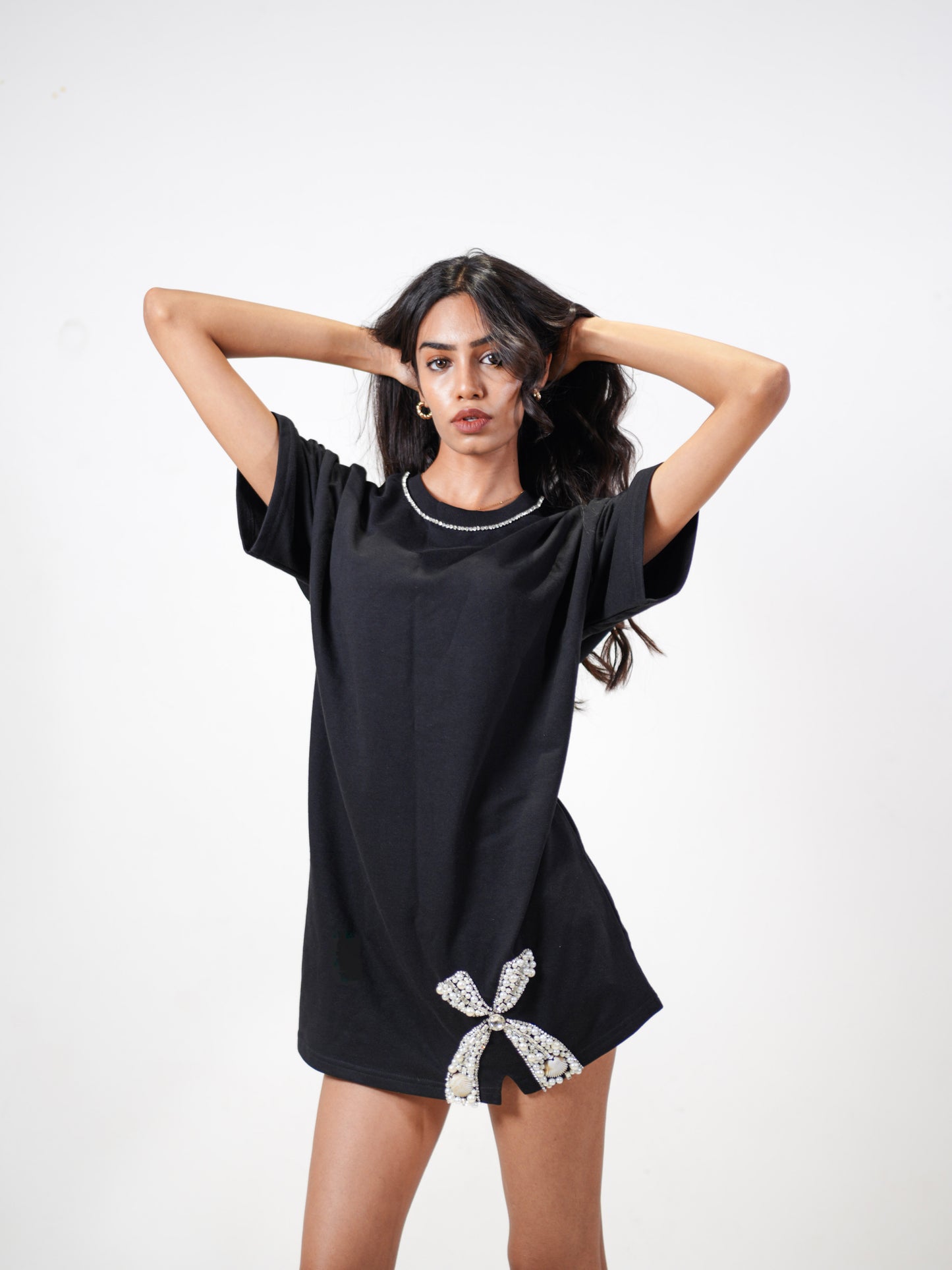 Crystal Bow Embellished Handcrafted Oversized Tshirt Dress Black