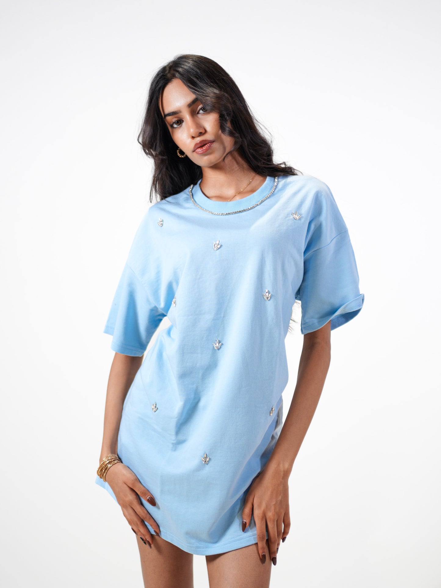 Sky Leaf Embellished Handcrafted Oversized Tshirt Dress Powder Blue