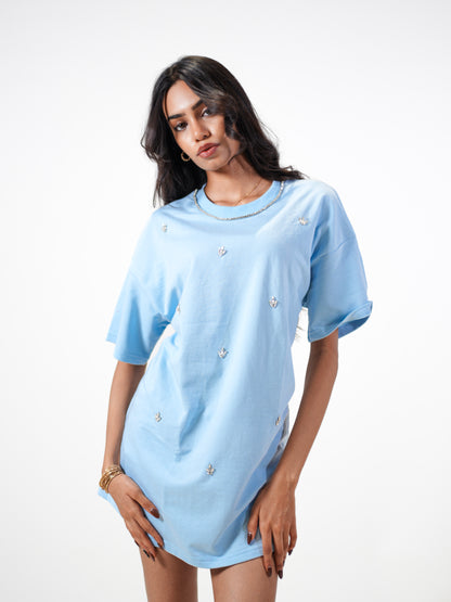 Sky Leaf Embellished Handcrafted Oversized Tshirt Dress Powder Blue
