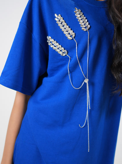 The Grain Embellished Handcrafted Oversized Tshirt Dress Blue
