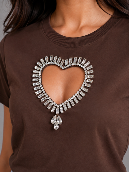 Heart Pop Handcrafted Embellished Crop T-shirt Brown