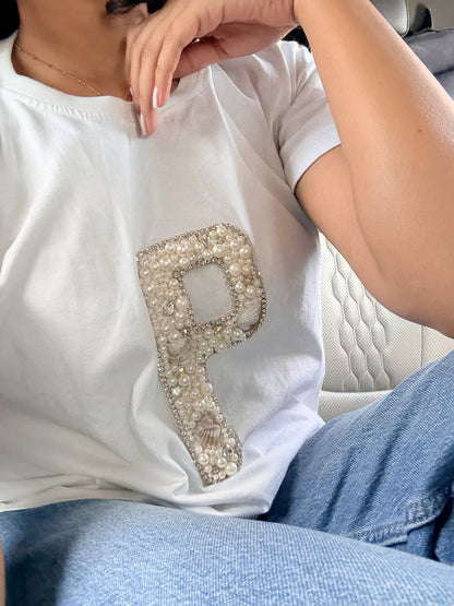 Personalized alphabet hand embroidered embellished oversized T-shirt  White