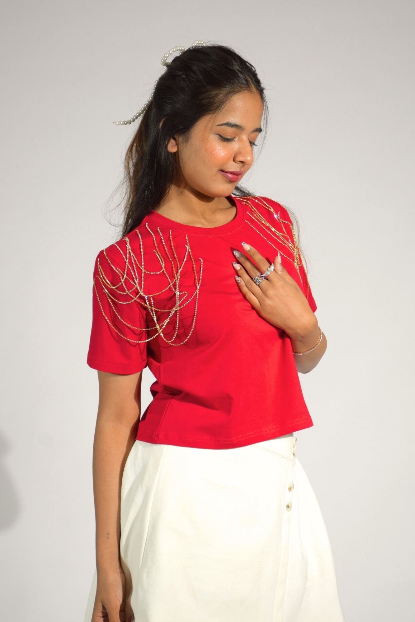 Edgy Embellished Handcrafted Crop T Shirt Red