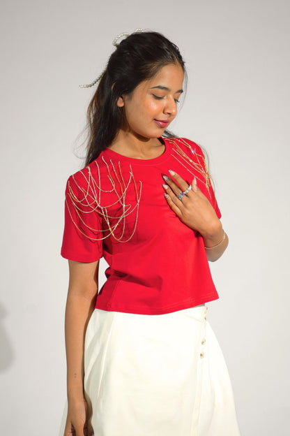 Edgy Embellished Handcrafted Crop T Shirt Red
