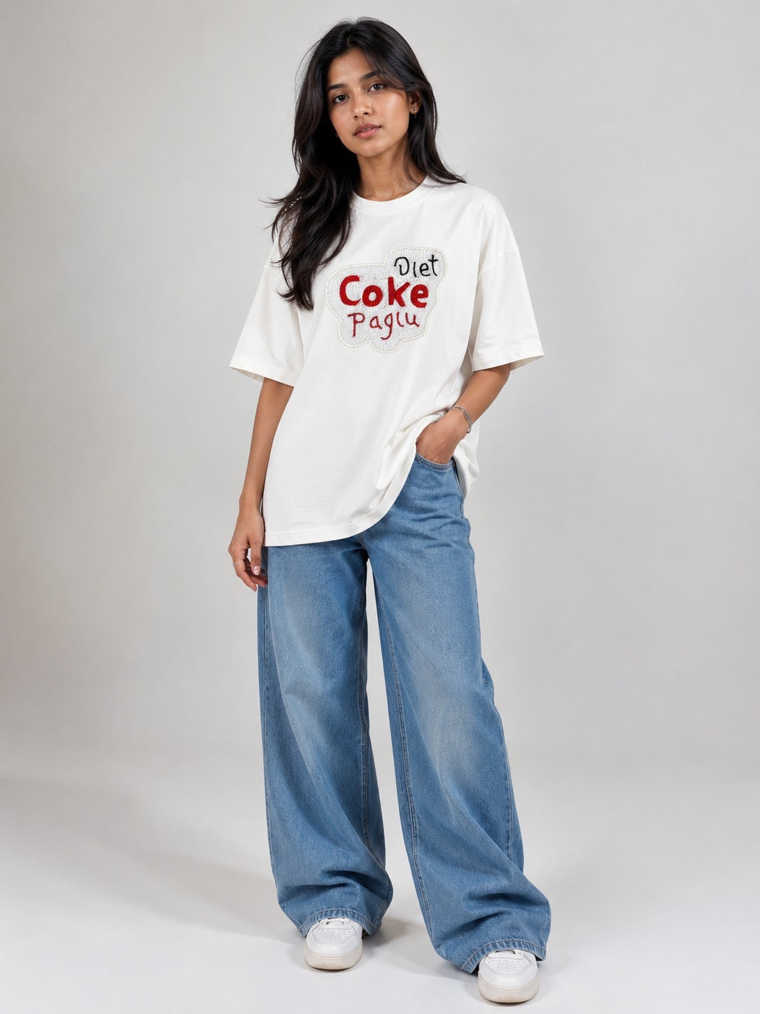 Coke Paglu Hand Embroidered oversized T Shirt White