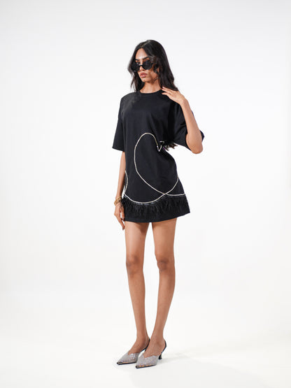 Stardust Embellished Handcrafted Oversized Tshirt Dress Black