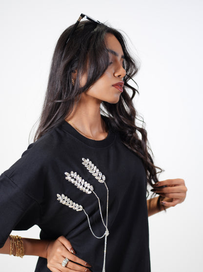 The Grain Embellished Handcrafted Oversized Tshirt Dress Black