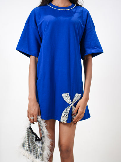 Neel Tara Embellished Handcrafted Oversized Tshirt Dress Blue