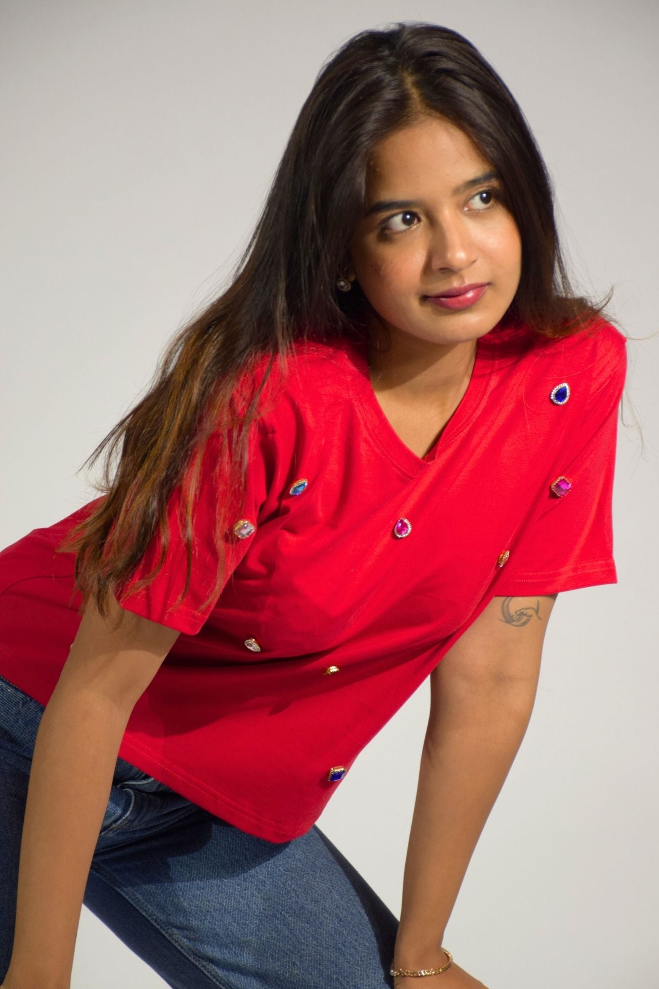 Infinity stones Embellished Handcrafted Crop T Shirt Red