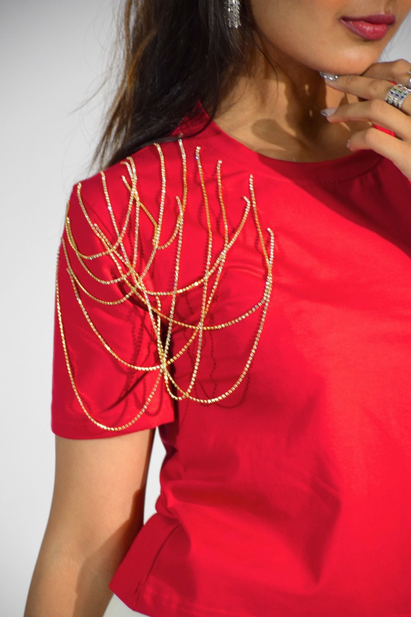 Edgy Embellished Handcrafted Crop T Shirt Red