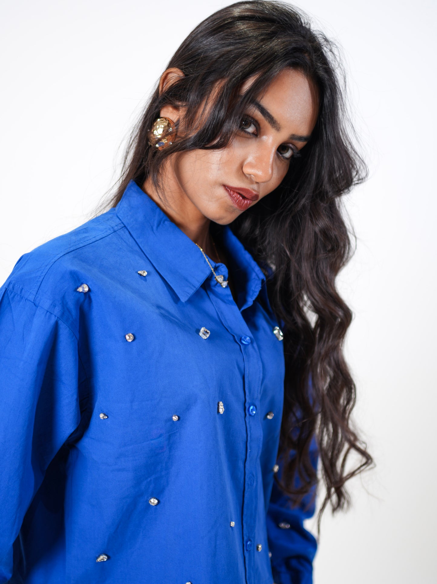Galaxy Stone Embellished Handcrafted Crop Shirt Blue