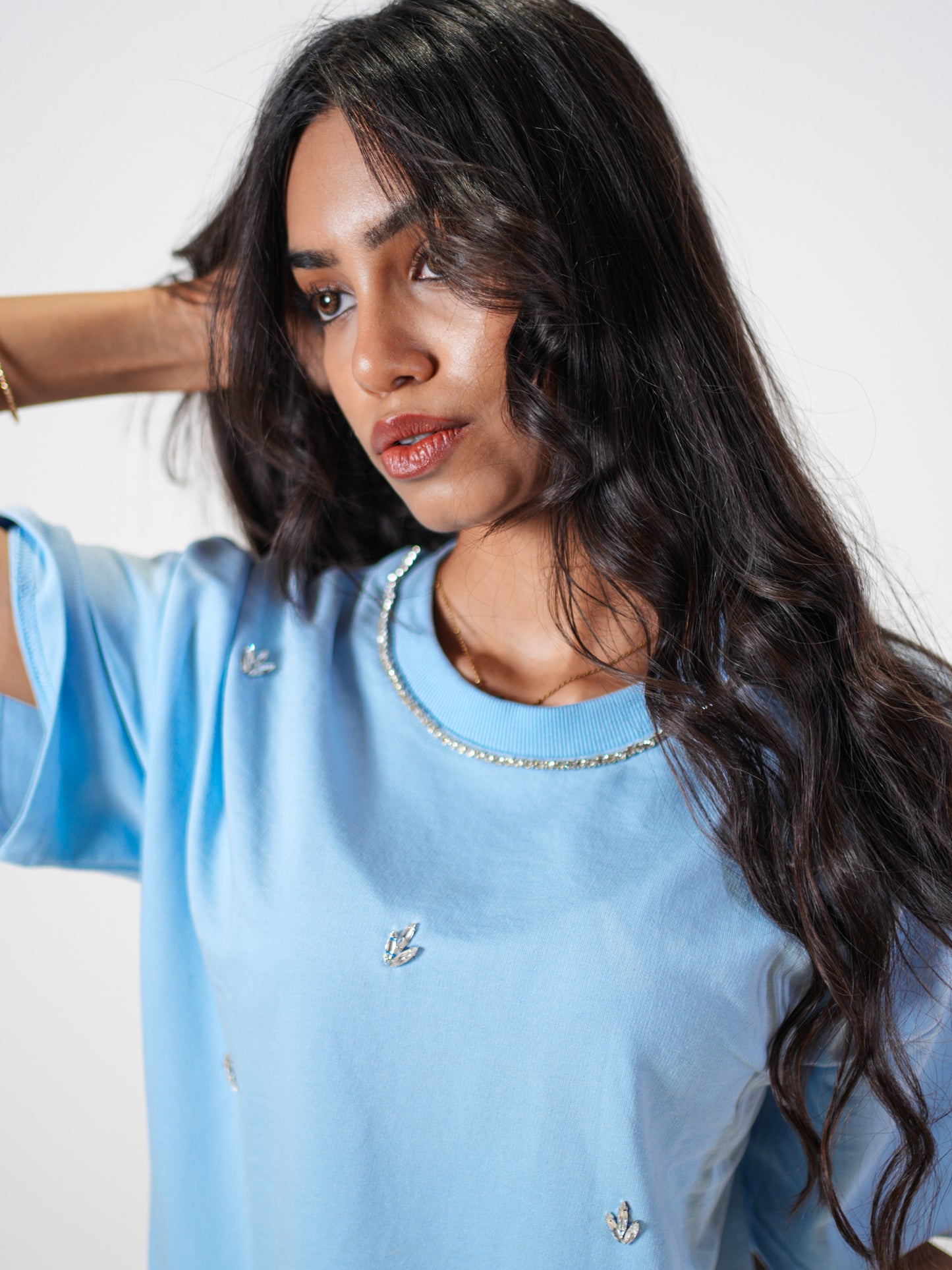 Sky Leaf Embellished Handcrafted Oversized Tshirt Dress Powder Blue