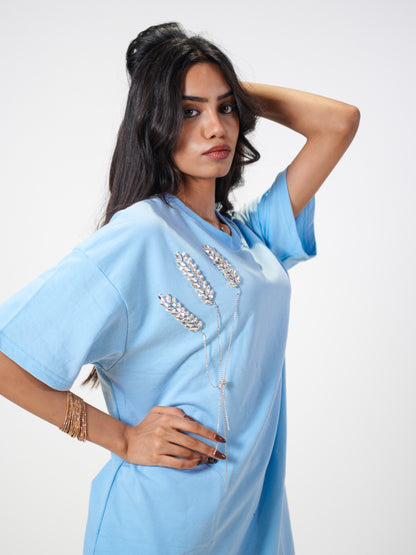 The Grain Embellished Handcrafted Oversized Tshirt Dress Powder Blue