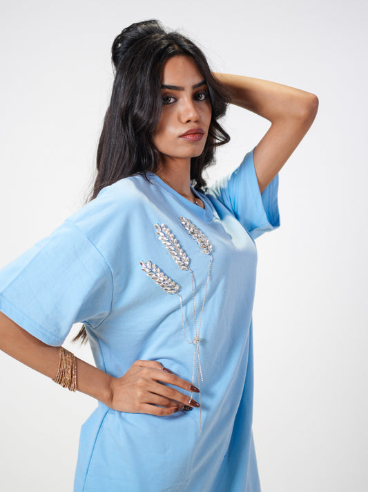 The Grain Embellished Handcrafted Oversized Tshirt Dress Powder Blue