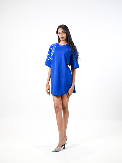 Blue Wave Treasure Embellished Handcrafted Oversized Tshirt Dress Blue