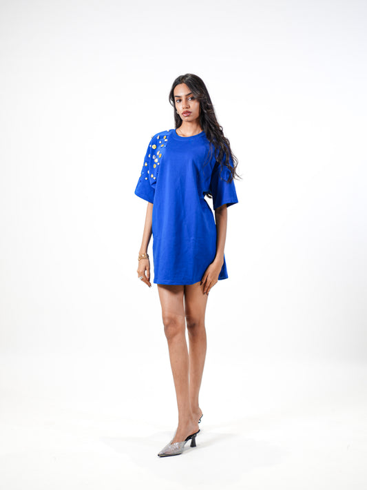 Blue Wave Treasure Embellished Handcrafted Oversized Tshirt Dress Blue