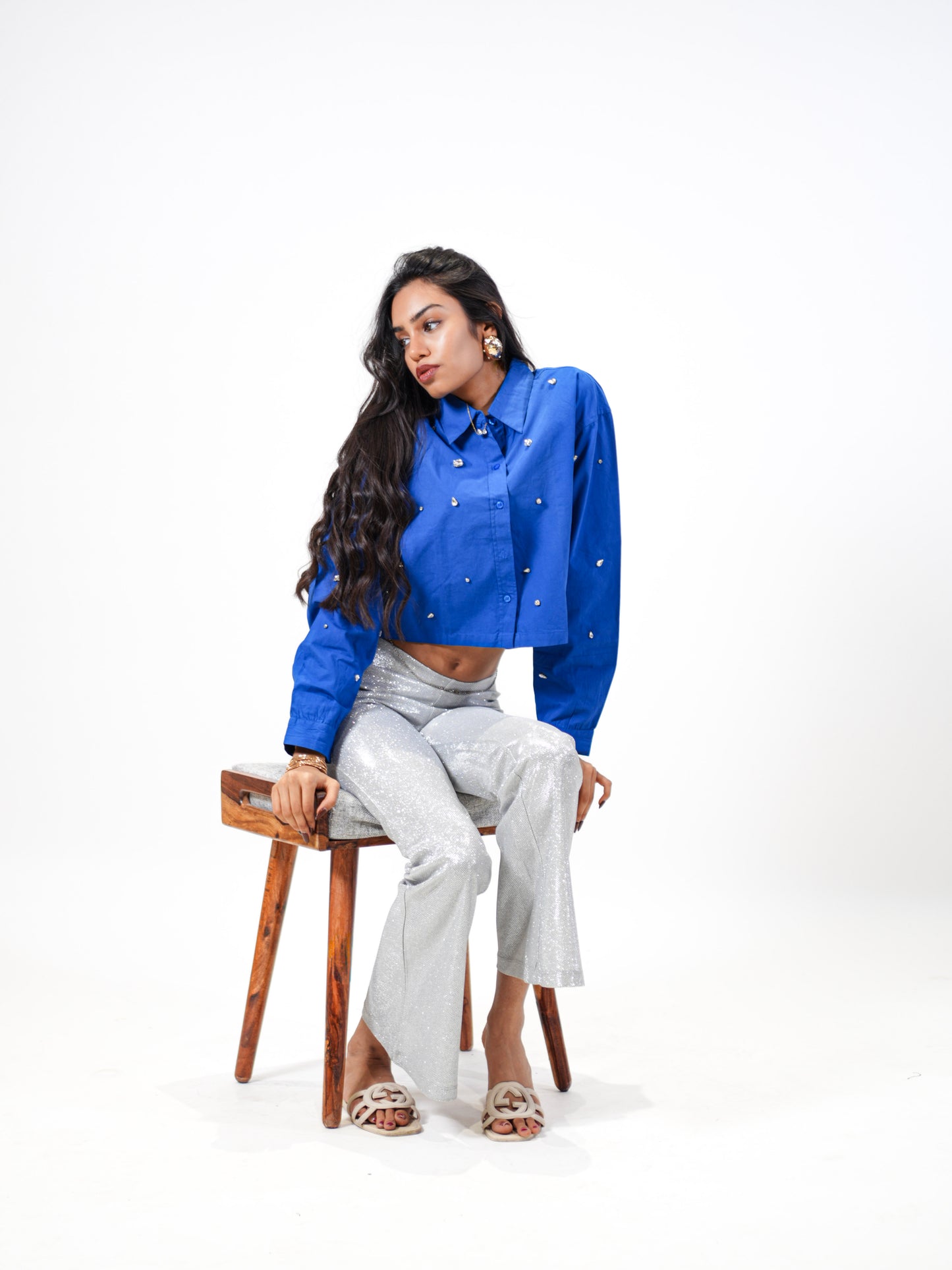 Galaxy Stone Embellished Handcrafted Crop Shirt Blue