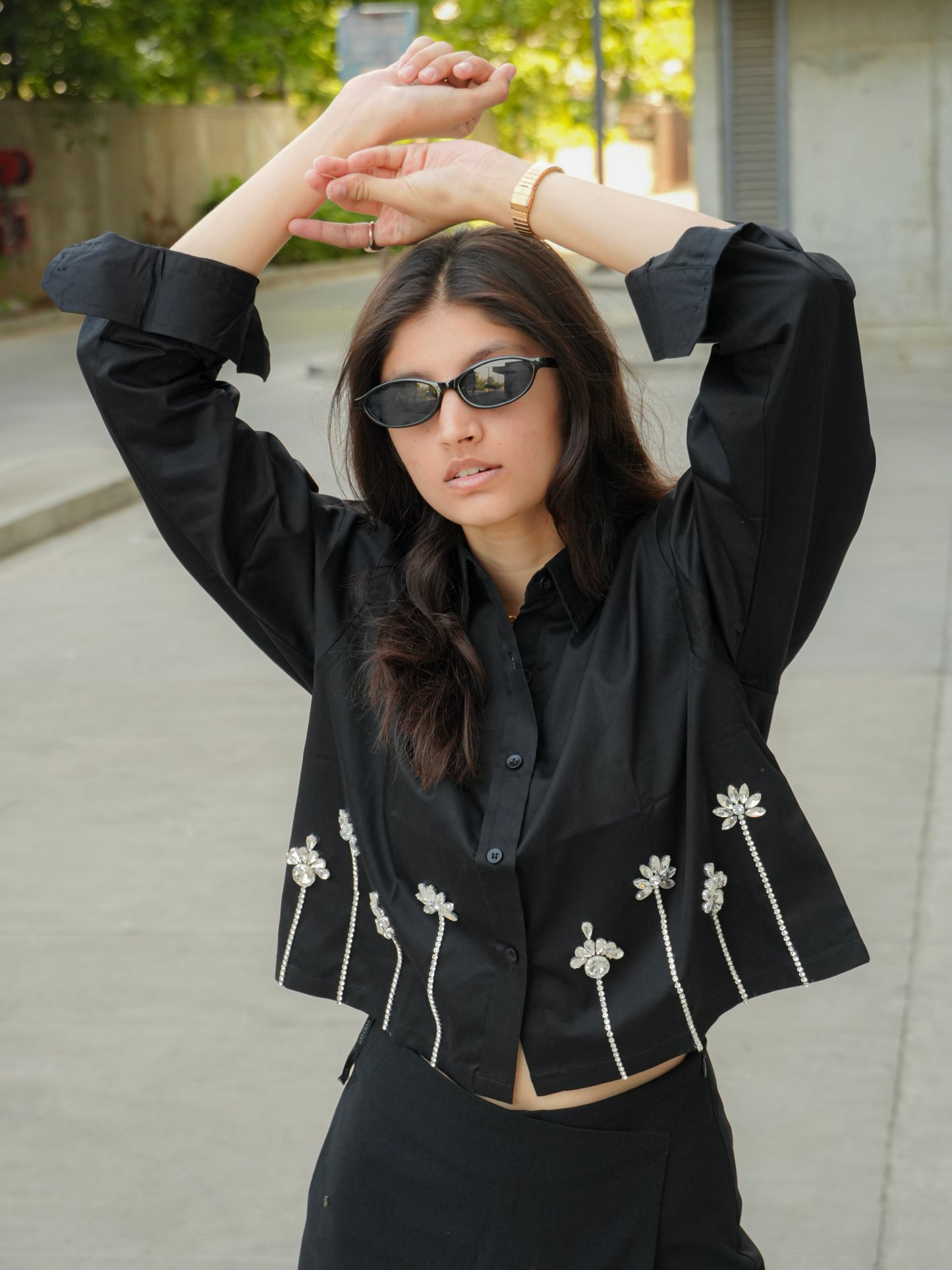 Midnight lotus Embellish Handcrafted Crop Shirt Black