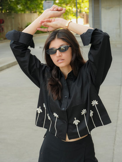 Midnight lotus Embellish Handcrafted Crop Shirt Black