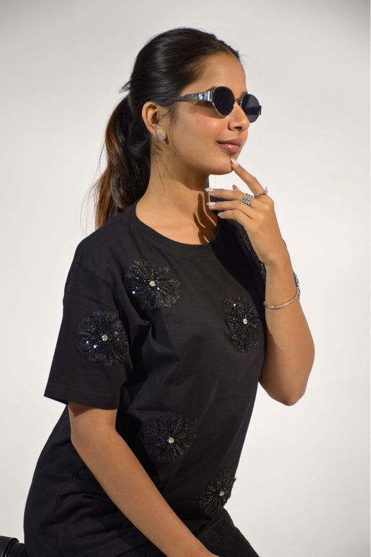 Flower Embellished Handcrafted Oversized T-Shirt Black