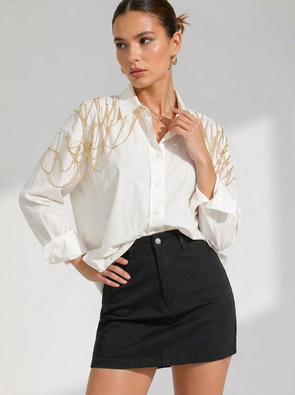 Edgy Embellished Handcrafted Oversized Shirt White