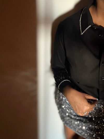 Rhine Feather Embellish Handcrafted Crop Shirt Black