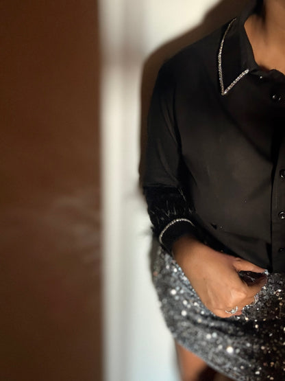 Rhine Feather Embellish Handcrafted Crop Shirt Black