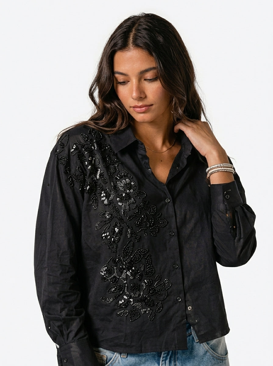 Pearl River Embellished Handcrafted Crop Shirt black