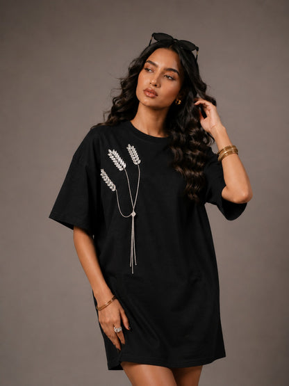 The Grain Embellished Handcrafted Oversized Tshirt Dress Black