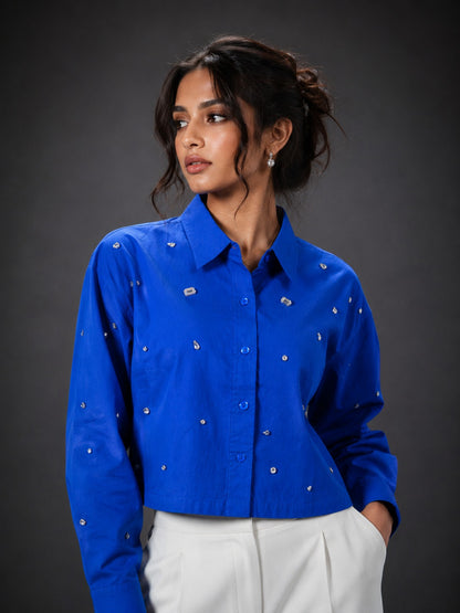 Galaxy Stone Embellished Handcrafted Crop Shirt Blue