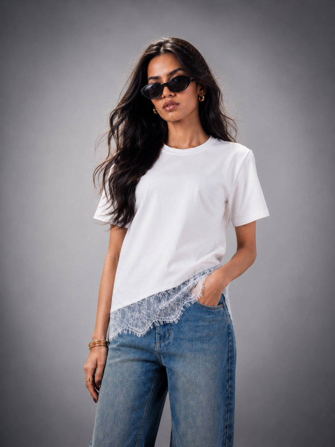 Lace Affair Embellished Handcrafted Relaxed Fit T-Shirt White