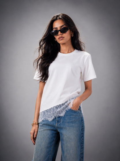 Lace Affair Embellished Handcrafted Relaxed Fit T-Shirt White