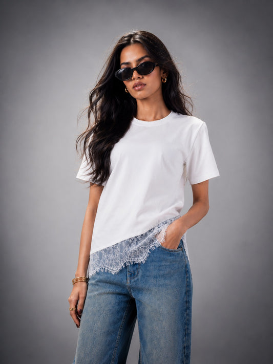 Lace Affair Embellished Handcrafted Relaxed Fit T-Shirt White