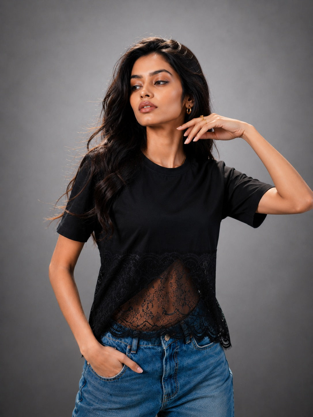 Lace Affair Embellished Handcrafted Drop Crop T-Shirt Black