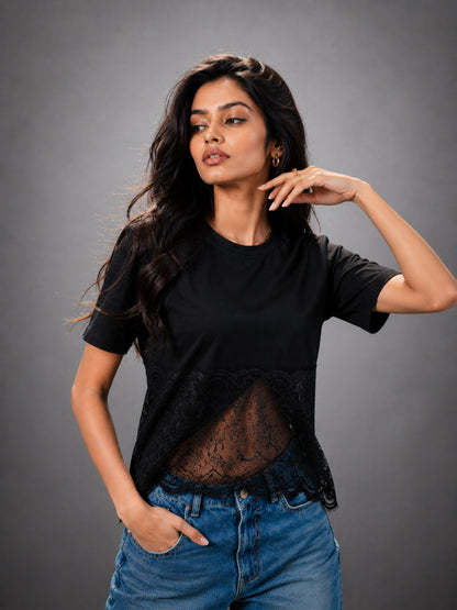 Lace Affair Embellished Handcrafted Drop Crop T-Shirt Black