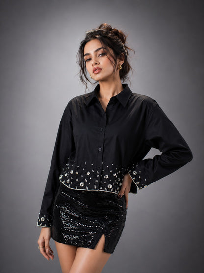 After Moon Embellish Handcrafted Crop Shirt Black