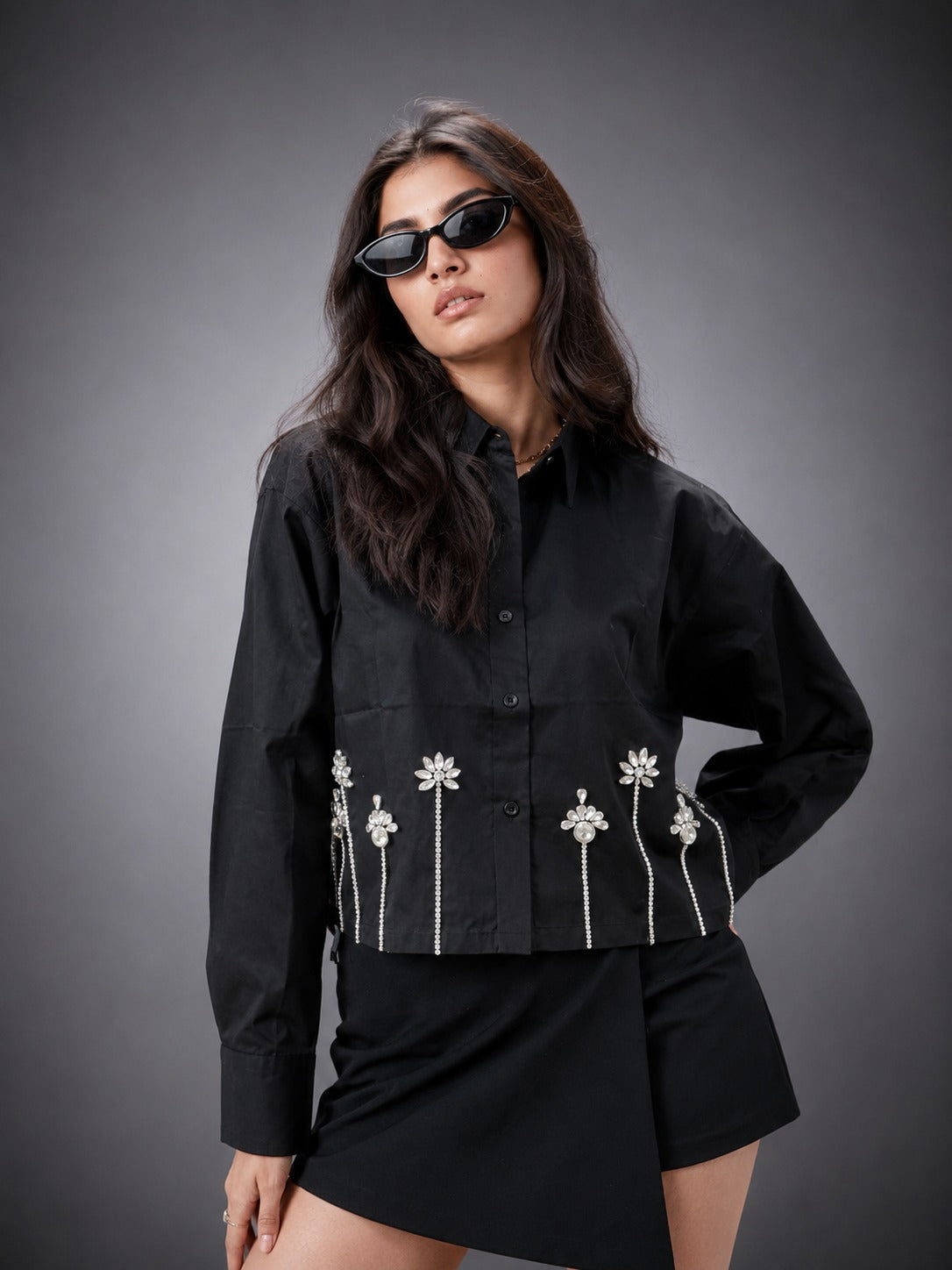 Midnight Lotus Embellish Handcrafted Crop Shirt Black
