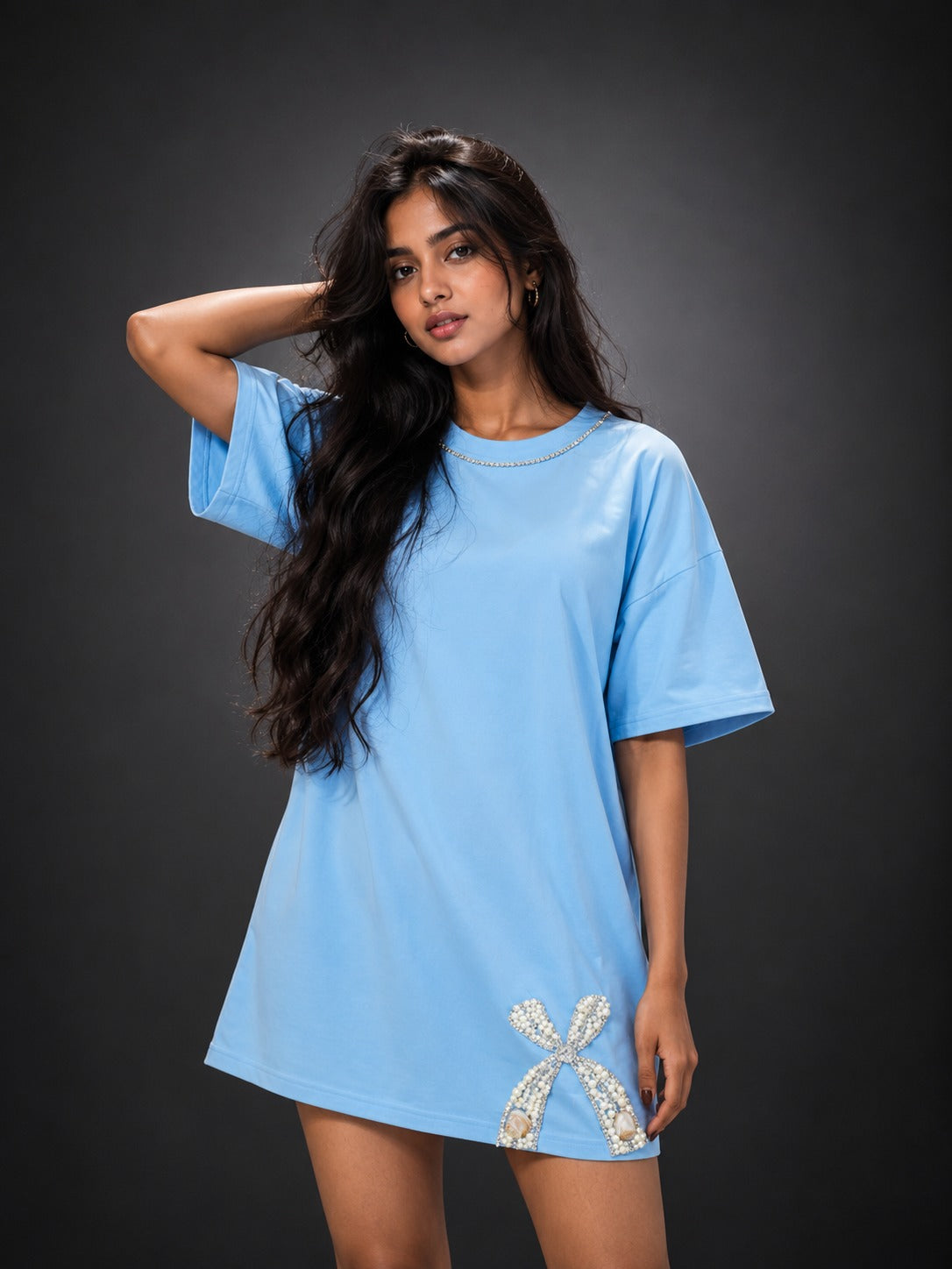 Sky Bow Embellished Handcrafted Oversized Tshirt Dress blue