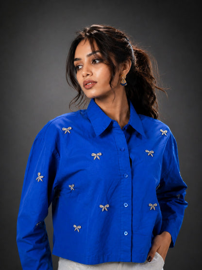 Bow Bliss Embellished Handcrafted Crop Shirt Blue