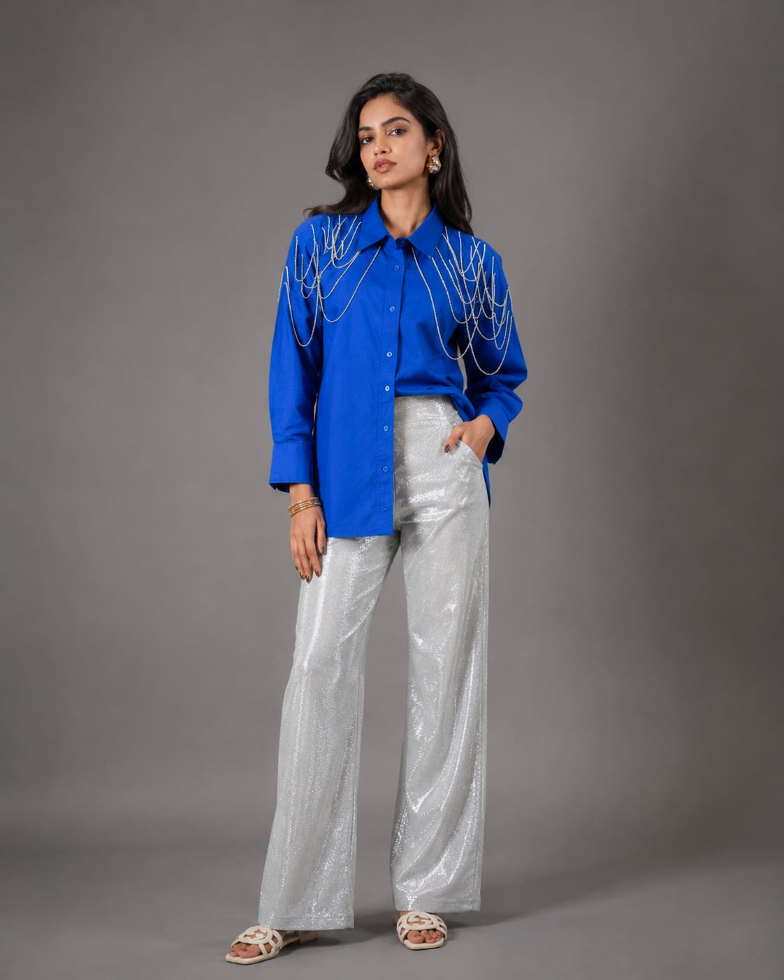 Edgy Embellished Handcrafted Oversized Shirt Blue