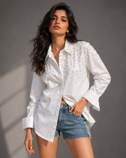 Noor Drip Embellished Handcrafted Oversized Shirt White