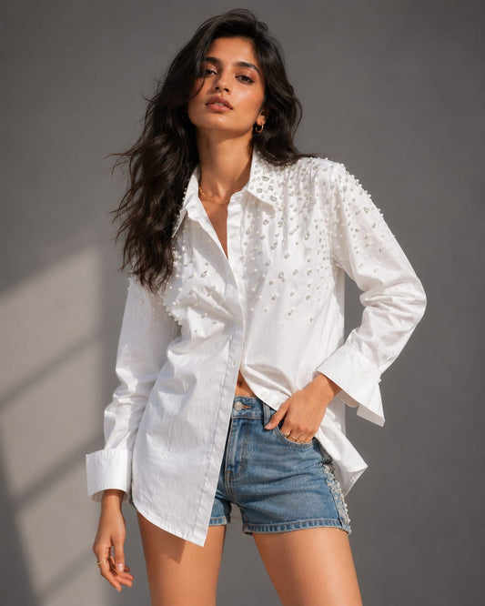 Noor Drip Embellished Handcrafted Oversized Shirt White