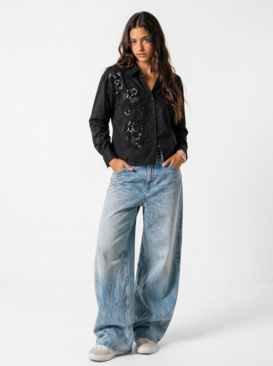 Pearl River Embellished Handcrafted Crop Shirt black