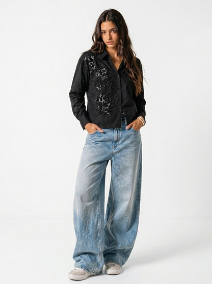 Pearl River Embellished Handcrafted Crop Shirt black