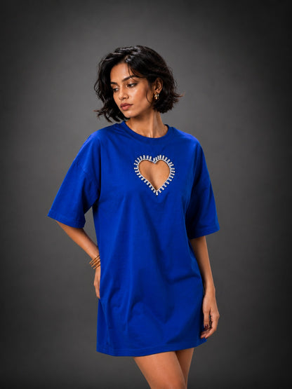 Queen of Heart Embellished Handcrafted Oversized Tshirt Dress Blue